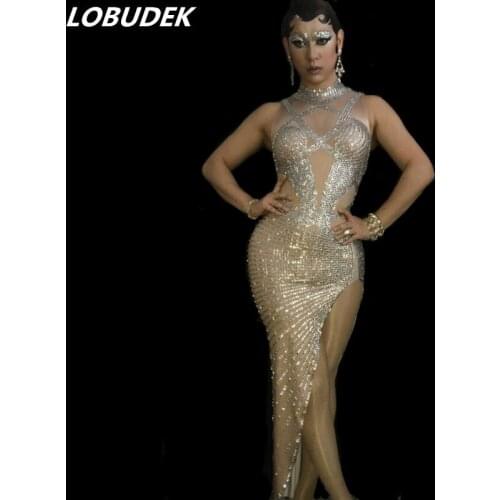 Sparkly Crystal Rhinestones Long Dress Sexy slim Diamond Slit dress Prom Party Celebration stage outfit Bar singer female dress