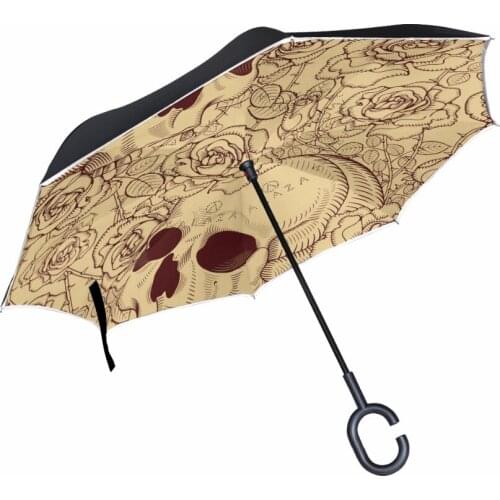 Skull & Flowers Windproof Reverse Umbrella Double Layer Long Shank Inverted Creative Customized Rain Protection Travel Size