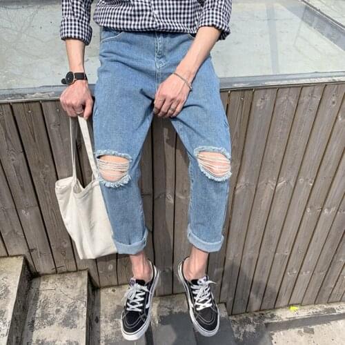 Men Jeans Denim Solid Straight Hole Loose Big Size 2XL Students Streetwear Daily Casual Leisure Harajuku Style Fashion Jeans Men