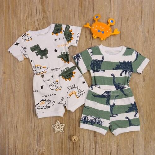 Summer Cute Cartoon Print Baby Girls Boys Clothing Set Toddler Infant Short Sleeve Ribbed Romper+Shorts Casual Style Clothes