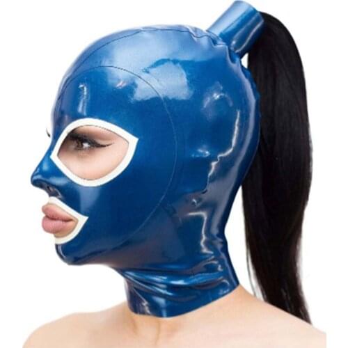 Blue pigtail mask 100%Latex Hood Mask Blue Eyes Rubber Hood with Zip on Back for Party