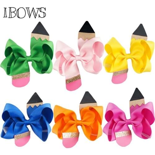 4.5" 5" Cute Girl Hair Clip School Hair Bows Boutique Pinwheel Crayon Pencil Hair Bow With Alligator Clips Go Back To School