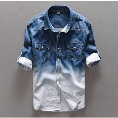 100% Cotton Gradient Blue Jeans shirt men fashion Unique personality denim shirt men Spring long shirts mens camisa masculina