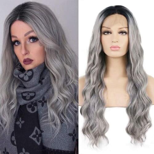 AIMEYA Ombr Grey Wig Long Body Wave Synthetic Lace Front Wig For Women Natural Hairline High Temperature Cosplay Wig