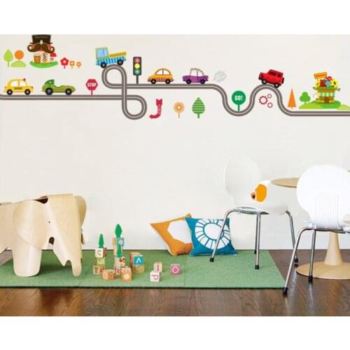 Pvc waterproof removable cartoon car backdrop wall sticker for childrens room kid bedroom livingroom background decoration