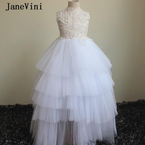 JaneVini Luxury Beading Lace White Flower Girl Dress High Neck Sleeveless Cascading Tulle A Line Girls First Communion Dresses