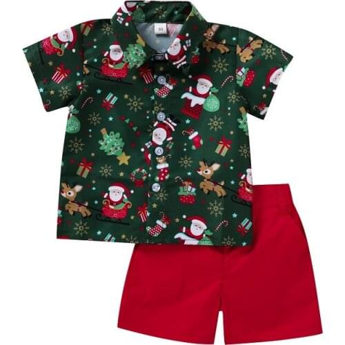 Christmas Boy Clothing Set Summer Short Sleeve Pants 2 Pieces Suit for Baby Boy Children Santa Tree Print Party Dress 1-5 Years