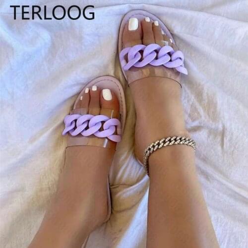 Summer New Designer Women Flat Flip Flops Sandals Slippers Shoes Woman Casual Sexy PVC Chain Slippers Sandals Slides Dress Shoes