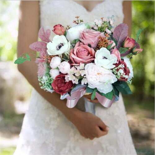 Vintage Fleurs Mariage Artifical Dusty Pink Wedding Bouquets Romantic Peonies Bridal Silk Rose Brides Hand Holding Flowers