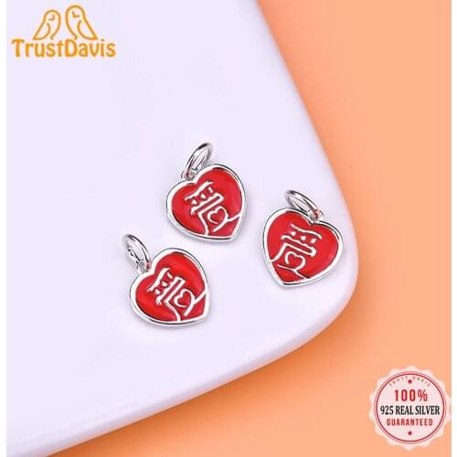 TrustDavis Real 925 Sterling Silver Fashion Romantic Red Heart Charm Pendant Handmade DIY Accessories Jewelry Wholesale HY217