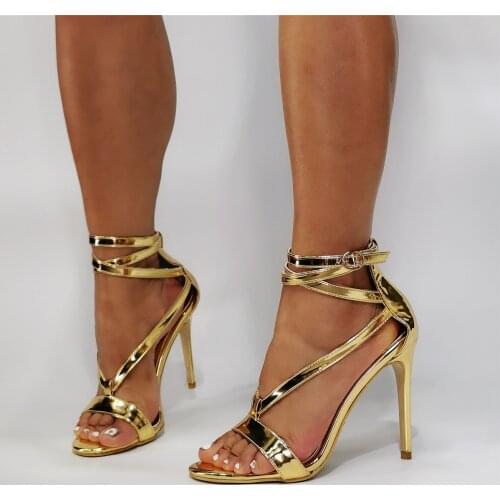 Women Gold Shiny Sandals Open Toe Ankle Strap Stiletto High Heel Sandals Ladies Summer Pumps Shoes Woman Large Size 43 44 47 52