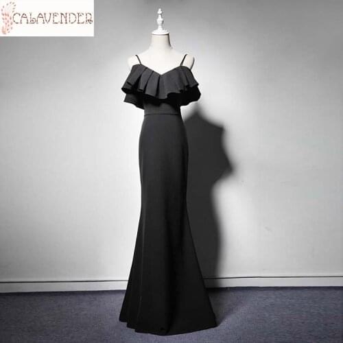 Spaghetti Straps Mermaid Prom Dress Ruched Satin Black Evening Dress 2020 Floor Length Vestidos De Gala