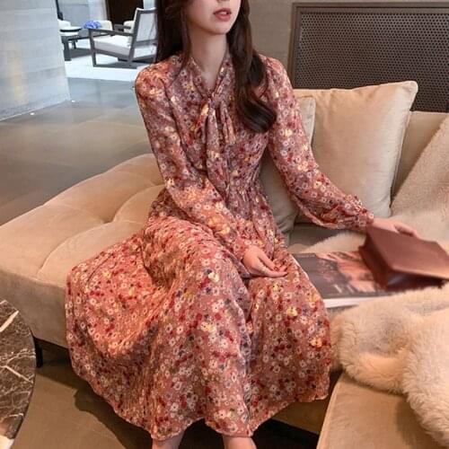 Spring Autumn Women Dresses Long Sleeve Elegant Gentle Bow Tie Loose Chiffon Mid-calf Dress
