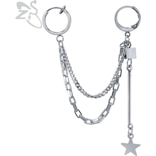 ZS 1 pcs Kpop Korean Earrings Stainless Steel Eardrop Long Tassel Pentgram Earring Fashion Double Pierced Brinncos For Men Women