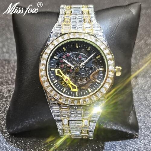 MISSFOX Automatic Mechanical Men Watches Hip Hop Full Diamond Square Gold Bling Wristwatch Classic AAA Clocks Relógio masculino