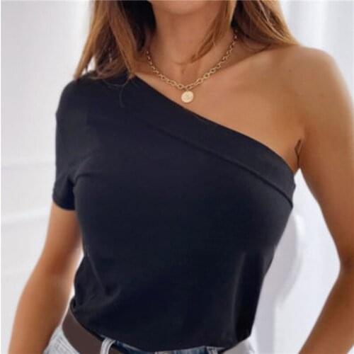 Sexy Women Summer T-Shirts One Shoulder Tshirts Clothes Ladies Solid Color Trendy Short Sleeve Slim Pullovers Top For Streetwear
