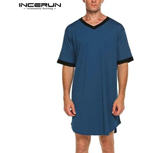 Mens Nightgown Fashion Patchwork Sleep Robe Solid Color Sleepwear Man Short Sleeve Bathrobe Loose V Neck Nightwear INCERUN S-5XL