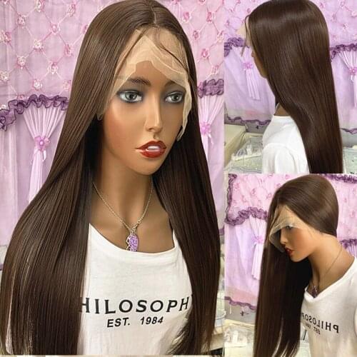 Natural Brown Lace Front Synthetic Straight 26 Inch Wigs Soft Straight Lace Front Wig Deep Part Synthetic Wigs With Baby Hair