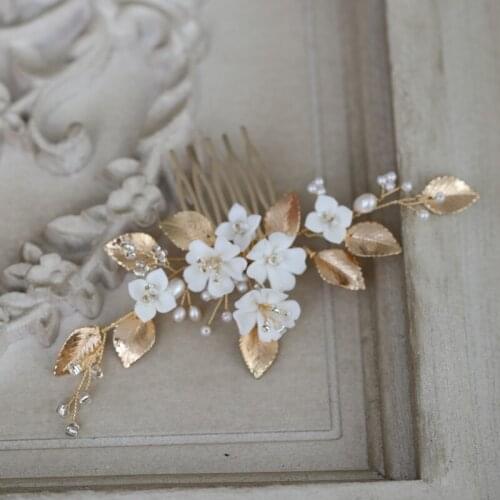 Delicate Porcelain Flower Small Comb Bridal Hair Pins Piece Gold Leaf Wedding Headpiece Handmade Women Pearls Hair Jewelry