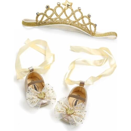 Princess Baby Girls Shoes Shoes Mesh Sequined Bow Newborn Infant Shoes + Shiny Crown Headband Cute And Fashionable 0-18 Months
