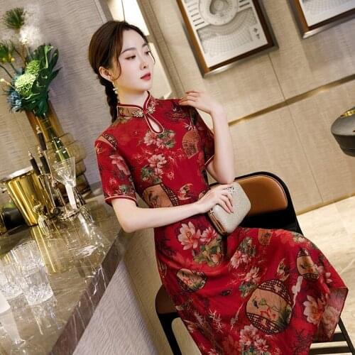 Cheongsam Mid-Length 2020 Summer Models Improved Slim Chinese Style New Thin Female Mother Dress Short Sleeves Modern Qipao
