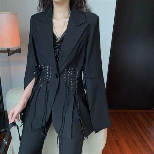 Slim Black Women Blazer Notched Bandage Fashion Fit Slipt Long Sleeve Solid Office Lady Coat Work Suit Elegant Jackets
