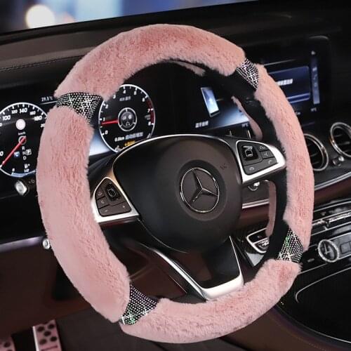 Luxury Plush Steering Wheel Cover Diamonds Bling Rhinestone Handle Covers Hot Drill Fur Case For Women Girls Accessories Pink