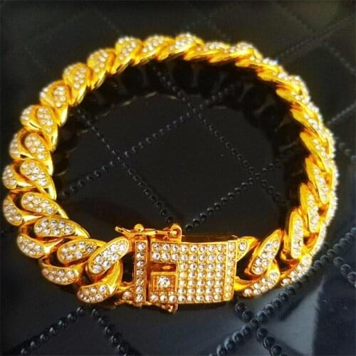 Luxury 12mm Hip hop Mens Women Rhinestone Miami Cuban Chain Lock Clasp Bracelet & Bangles Rock Jewelry drop shopping