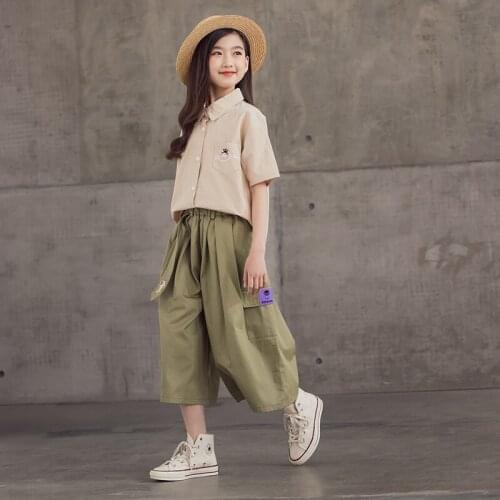 Summer Girls Cotton Shirt Loose Wide Leg Pants Suit 2 Pieces Fashion Children Sets Casual Short Sleeve Tops Kids Clothes 8 Years