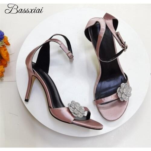 Crystal Rhinestone Flower Decor One-Strap Sandals Women 10cm Thin High Heels Luxury Satin Summer Sandalias Mujer