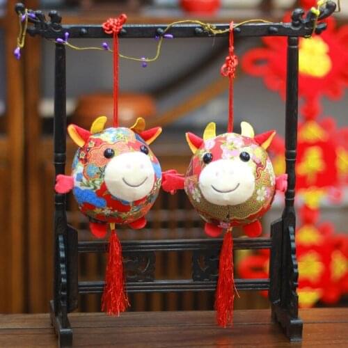 Symbol of 2021 Bull 2021 OX Year Kawaii China Mascot Cow Plush Ball Tweed Cow Soft Toys Chinese New Year Party Decoration Gifts