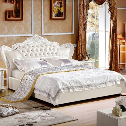 Modern european solid wood bed 2 people Fashion Carved leather french bedroom furniture pearly white 0516