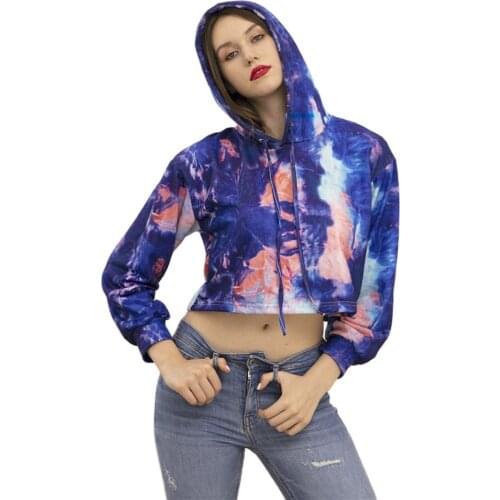 Tie-Dye Print Hip Hop Streetwear Tops Sweatshirts Women Long Sleeves Drawstring Crop Tops Hooded Hoodie