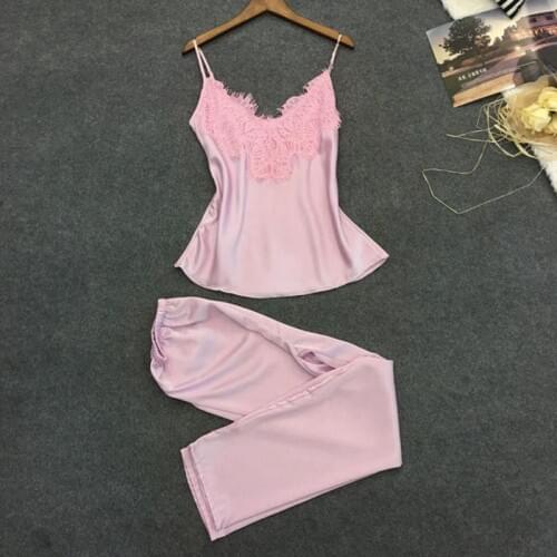 2019 Women Pajamas Set Top Long Pant Faux Silk Lace Bow V-neck Sleepwear Lace Lingerie Sleeveless Women Lingerie