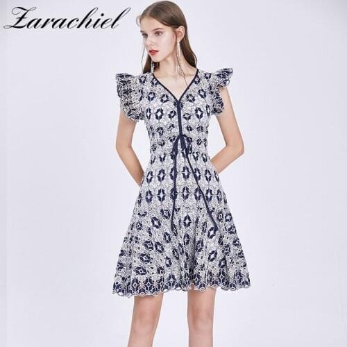 Fashion Crochet Hollow Out Flower Embroidery Dress Women Elegant V-Neck Butterfly Sleeve Bow Dress Female Lace Mermaid Dresses