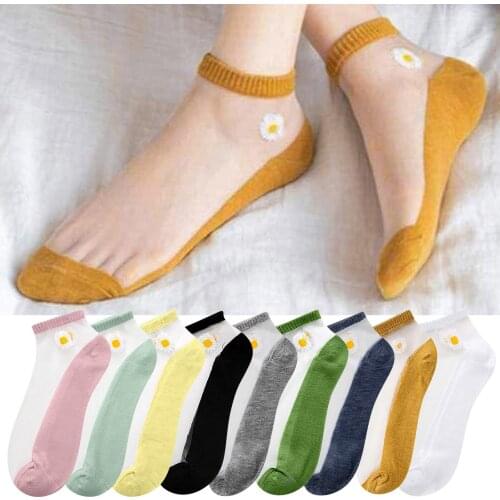 2021 New Summer Fashion Women Ankle Socks Transparent Breathable Daisy Embroidery Lace Silk Short Socks носки женские 10 Pairs