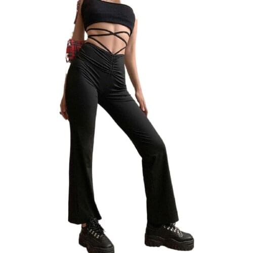 2022 Y2K Bandage Women Straight Pants Solid Elastic High Waist Slim Long Trousers Lace up Fashion Summer Streetwear Outfits