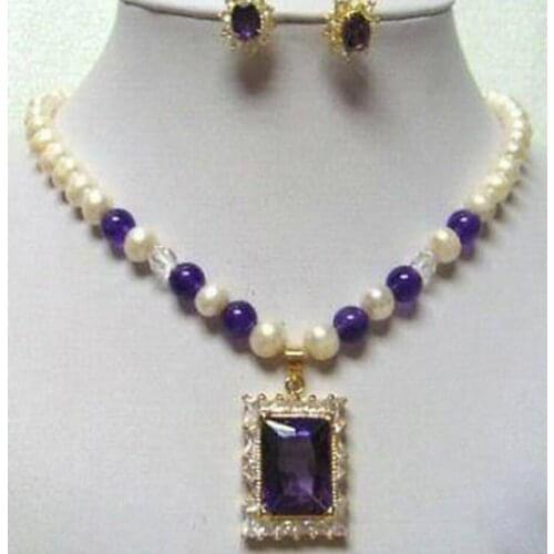 7-8MM FW pearl jade pendant necklace earring set plated watch wholesale Quartz stone CZ crystal