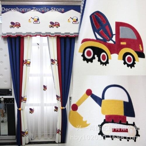 American Childrens Room Curtains Boy Bedroom Blue Mediterranean Cartoon Excavator Cotton and Linen Curtains Can Be Customized