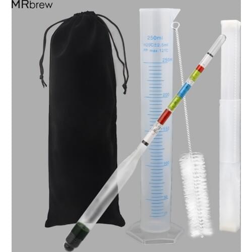 Hydrometer and Test Jar for Wine Beer Mead and Kombucha,Triple Scale Hydrometer, 250ml Plastic Cylinder, Cleaning Brush & Bag