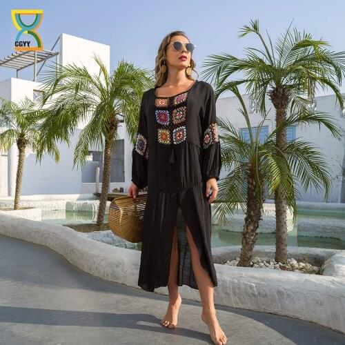 CGYY 2021 Crochet White Black Red Purple Kniting Beach Cover Up Dress Tunic High Quality Bikinis Swimwear Sexy O Neck Beachwear