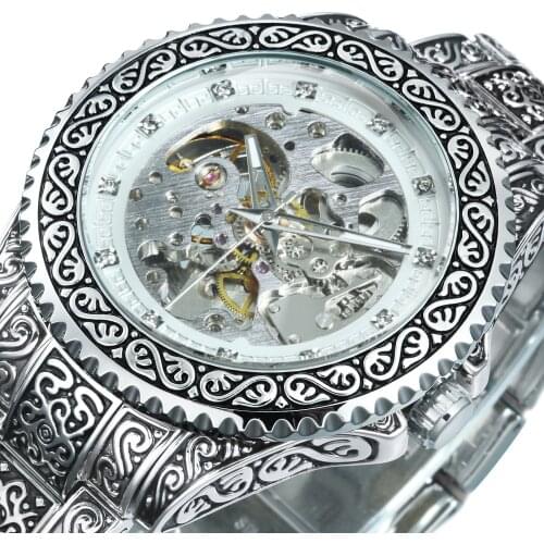 WINNER Gold Watch Men Luxury Watches Mens 2020 Automatic Skeleton Wristwatch Steel Strap Royal Engraving Clocks часы мужские New