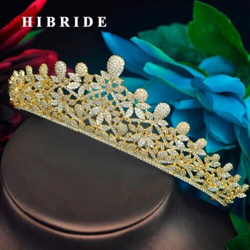 HIBRIDE Luxury Rhinestone Crystal Wedding Hair Crown Tiara Gold Color CZ Pave Tiaras Hair Accessories Jewelry Hair Bands C-101