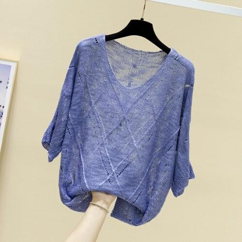 And summer 2021 new V-neck loose and light mature womens blouse sleeve thin foreign air hollow knitted base coat