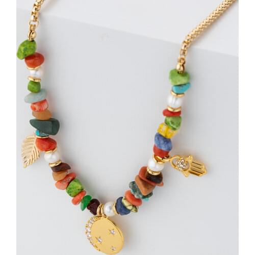 Jaeeyin 2021 Fashion Jewelry Colorful Natural Stone Freshwater Pearl Gold Color Leaf Fatima Hand Coin Pendant Bohemia Necklace