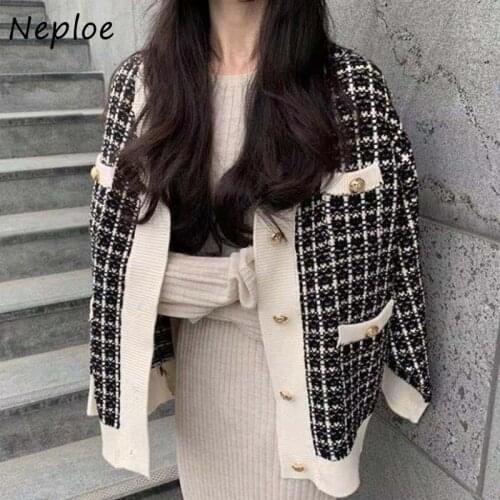 Neploe V Neck Single Breast Design Loose Knit Sweater Cardigans Women Vintage Plaid Small Fragrance Pull Femme Coat Spring