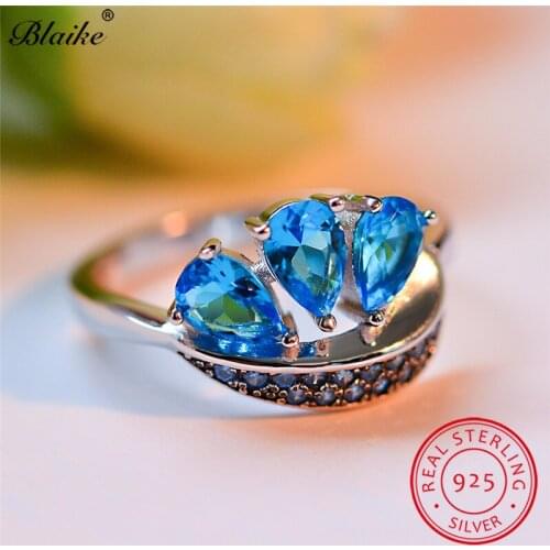 Solid s925 Sterling Silver Rings For Women Aquamarine Blue Stone Ring Water Drop Zircon Wedding Bands Engagement Ring Jewelry