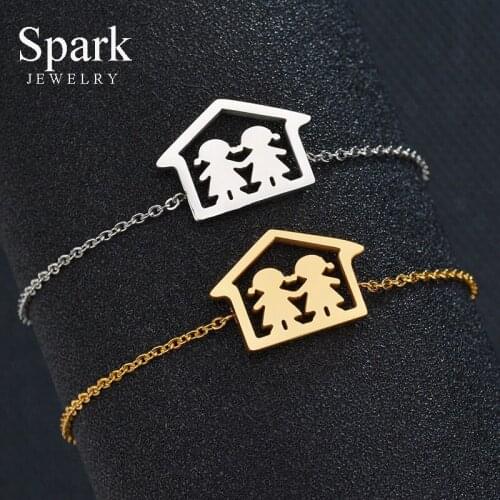 Cute Stainless Steel Women Family Bracelets & Pendant With 2 Girls In A House Adjustable Link Chain Pulsera Wedding Gift