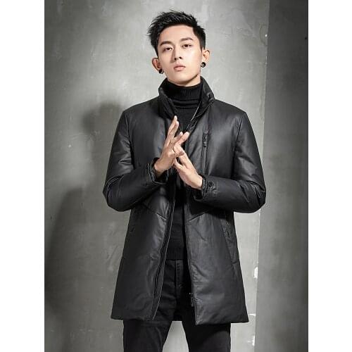 Genuine Leather Clothes Mens Stand-up Collar Thick Long Winter Cowhide Down Jacket Windbreaker Coat Tide