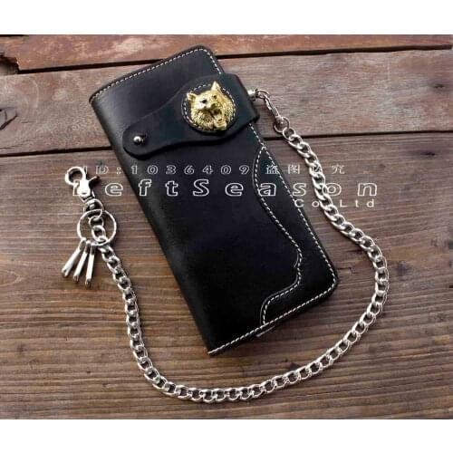 Mens Wolf Gothic Leather Long Wallet With Chain Card Holder Coin Purse